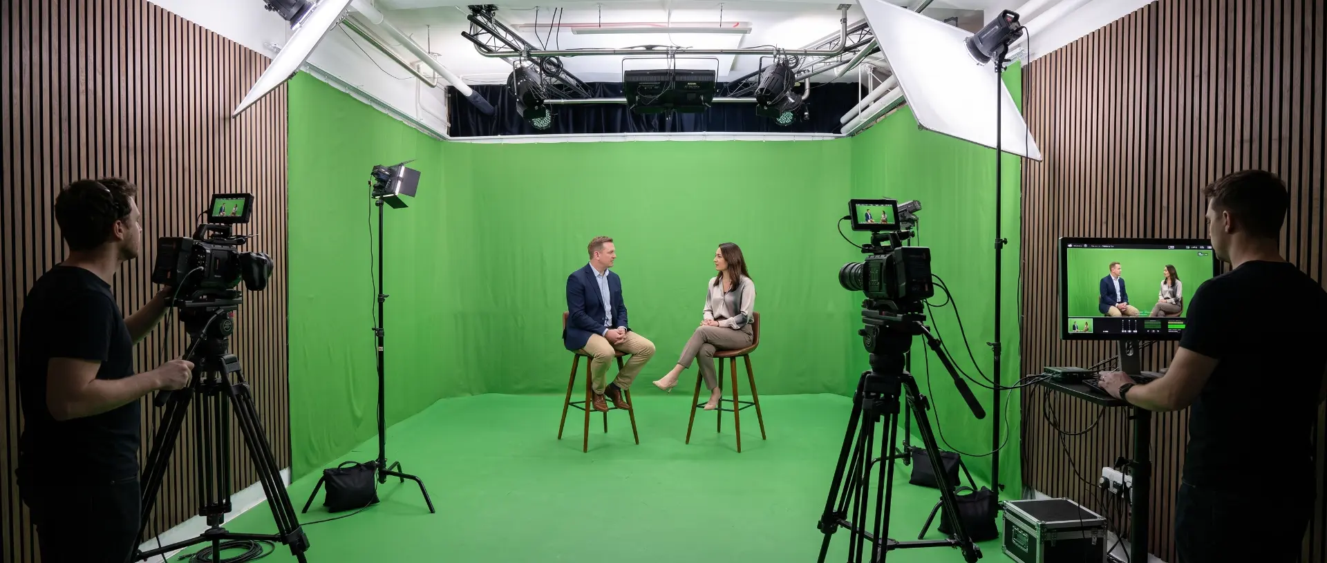 Set Green Screen di Cinelight Studio con due persone, camere e operatori